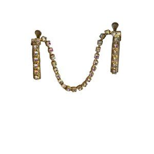 Vtg Double Sided sweater Pin Gold tone Rhinestones icy Alligator Clips Brooch
